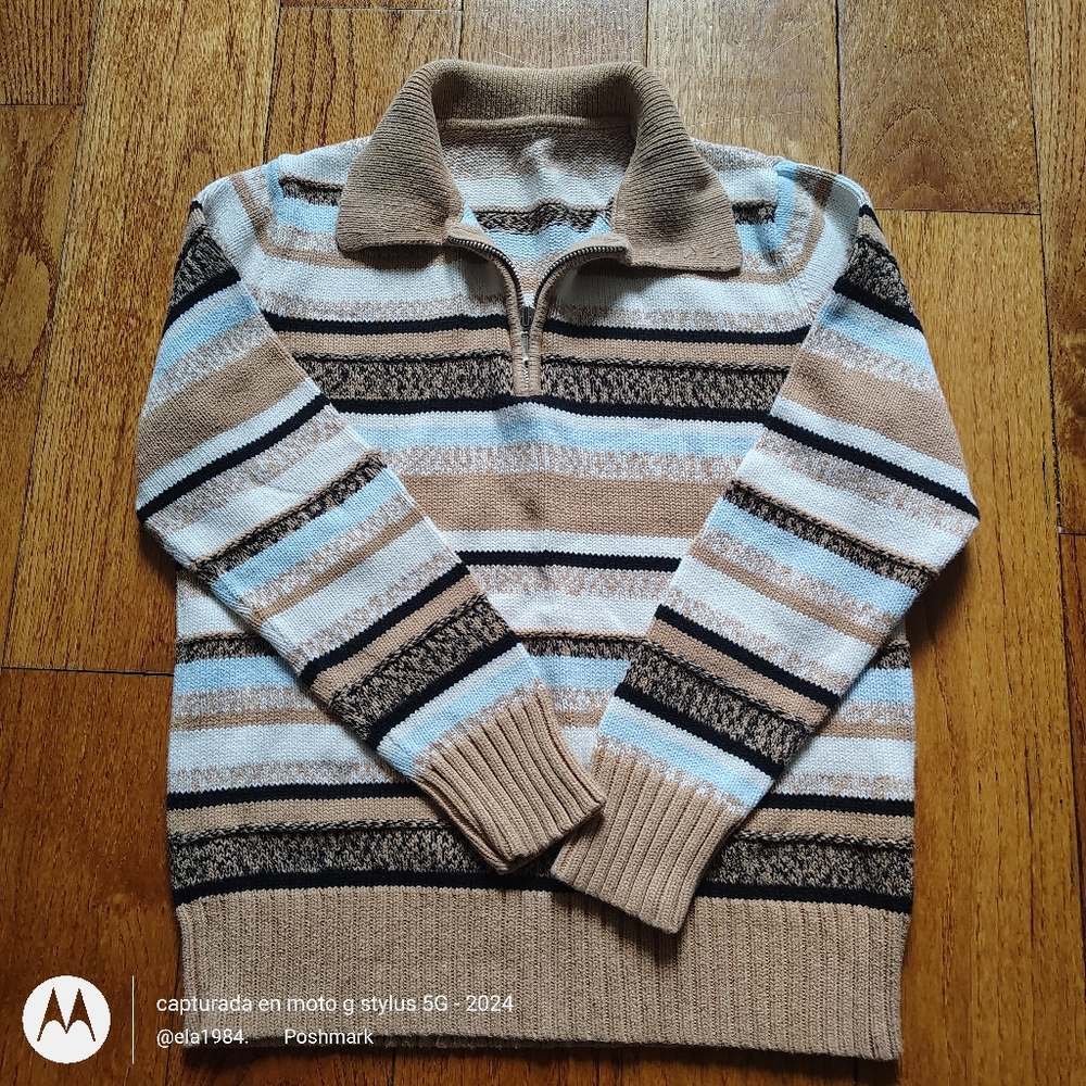 Tan and Blue Zip Up Sweater with Stripes